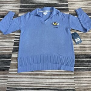 Life Is Good Sweater Women's Small Blue‎ Collared Daisy Flower Pullover Knit NWT